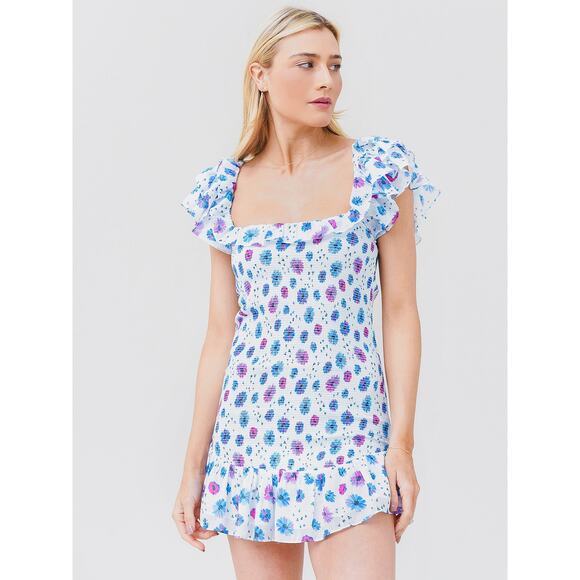 LoveShackFancy Smocked Kodie Mini Dress Purple Blue Floral Ruffle Sleeve Small - Picture 1 of 15